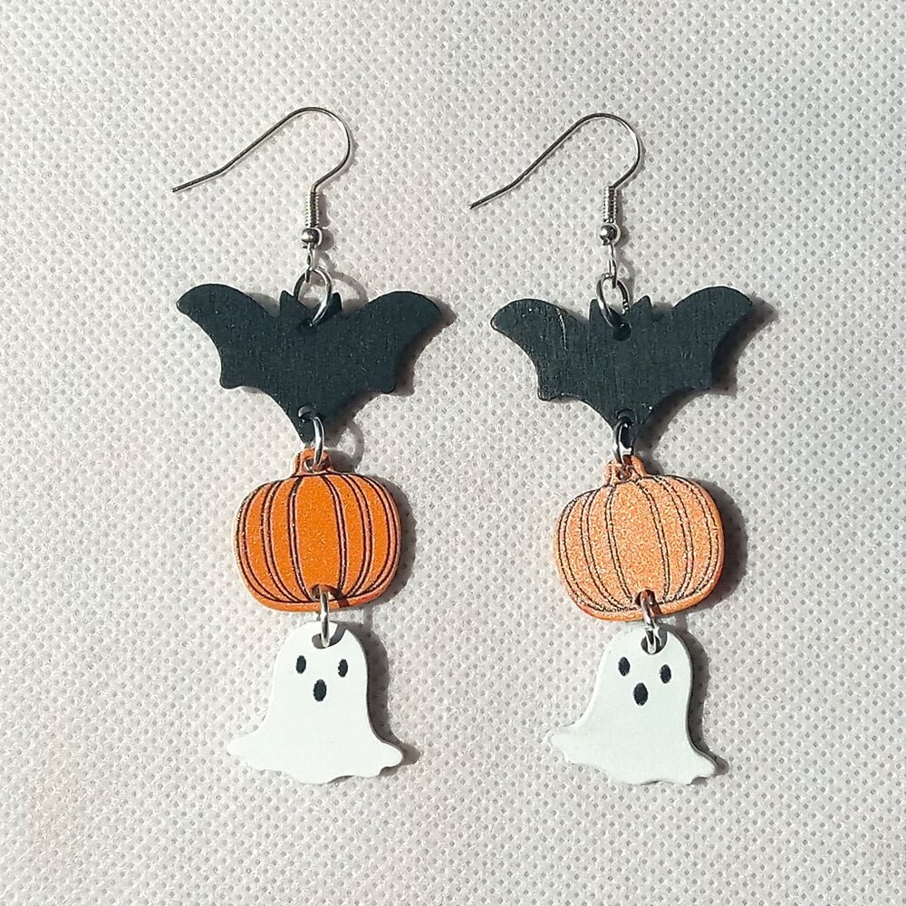 Cute Batty Earrings, Bats, Pumpkins & Ghosts Dangle Earrings, Festive Halloween